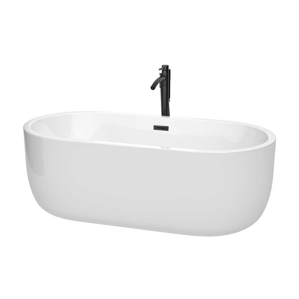 67 Inch Freestanding Bathtub in White, Floor Mounted Faucet, Drain, Trim in Black