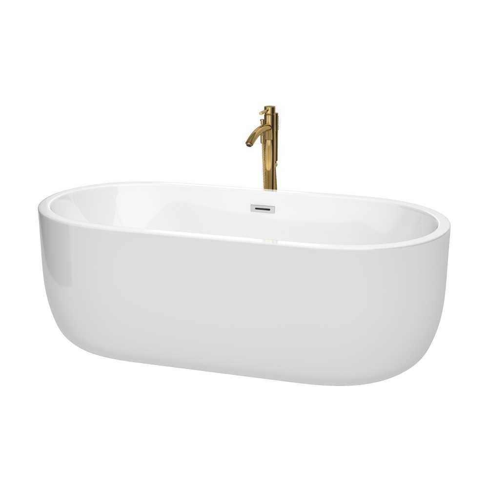 67 Inch Freestanding Bathtub in White, Chrome Trim, Floor Mounted Faucet in Gold