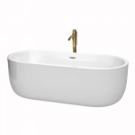 71 Inch Freestanding Bathtub in White, Chrome Trim, Floor Mounted Faucet in Gold