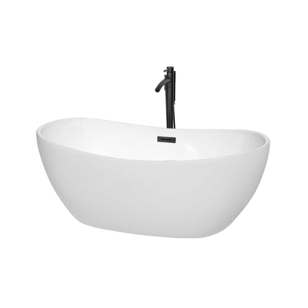 60 Inch Freestanding Bathtub in White, Floor Mounted Faucet, Drain, Trim in Black