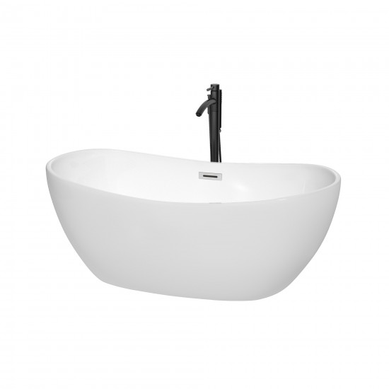 60 Inch Freestanding Bathtub in White, Chrome Trim, Floor Mounted Faucet in Black