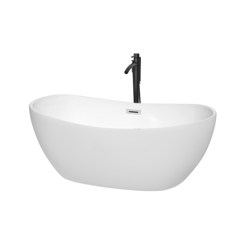 60 Inch Freestanding Bathtub in White, Chrome Trim, Floor Mounted Faucet in Black