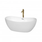 60 Inch Freestanding Bathtub in White, Chrome Trim, Floor Mounted Faucet in Gold