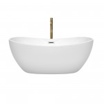 60 Inch Freestanding Bathtub in White, Chrome Trim, Floor Mounted Faucet in Gold