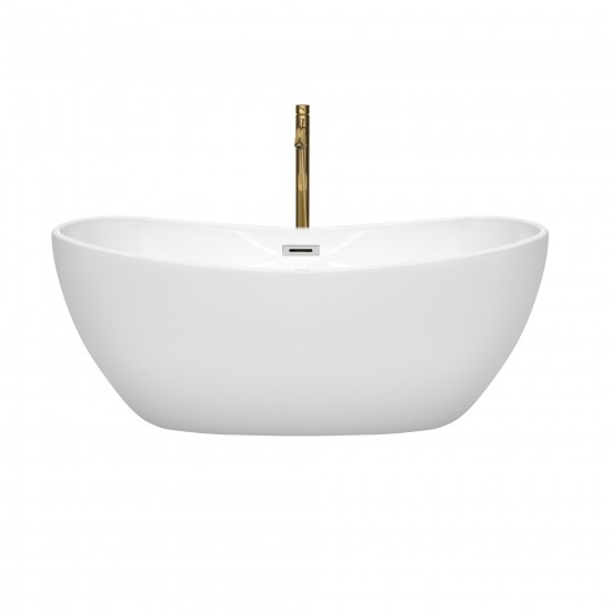 60 Inch Freestanding Bathtub in White, Chrome Trim, Floor Mounted Faucet in Gold