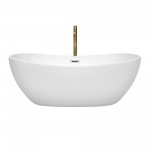 65 Inch Freestanding Bathtub in White, Chrome Trim, Floor Mounted Faucet in Gold