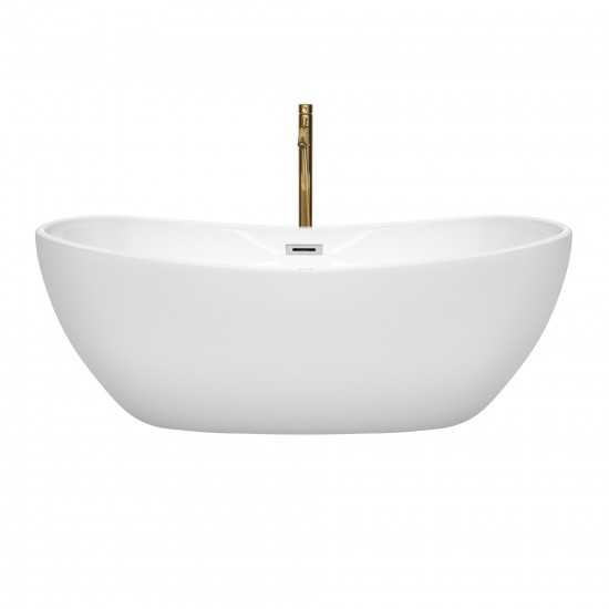 65 Inch Freestanding Bathtub in White, Chrome Trim, Floor Mounted Faucet in Gold