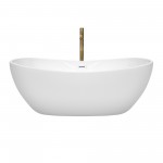 65 Inch Freestanding Bathtub in White, White Trim, Floor Mounted Faucet in Gold