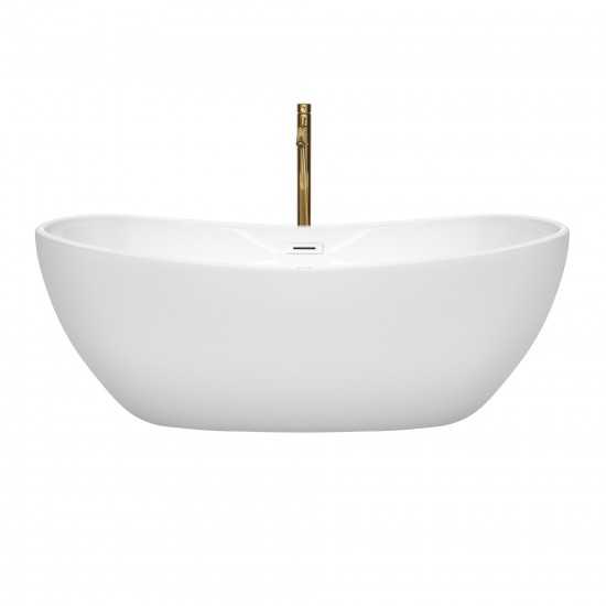 65 Inch Freestanding Bathtub in White, White Trim, Floor Mounted Faucet in Gold