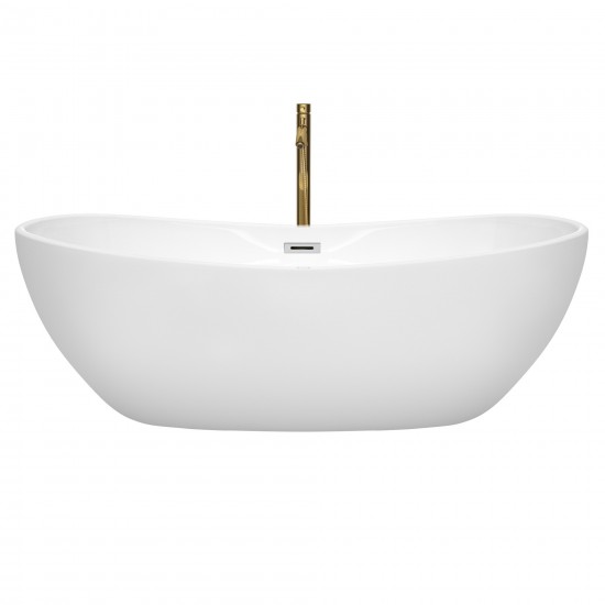 70 Inch Freestanding Bathtub in White, Chrome Trim, Floor Mounted Faucet in Gold