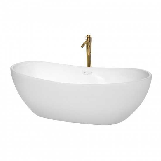 70 Inch Freestanding Bathtub in White, White Trim, Floor Mounted Faucet in Gold