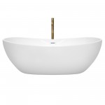 70 Inch Freestanding Bathtub in White, White Trim, Floor Mounted Faucet in Gold