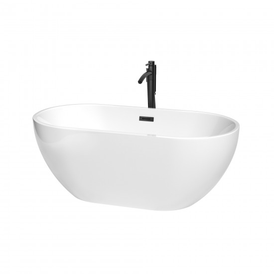 60 Inch Freestanding Bathtub in White, Floor Mounted Faucet, Drain, Trim in Black