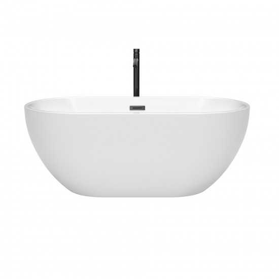 60 Inch Freestanding Bathtub in White, Floor Mounted Faucet, Drain, Trim in Black