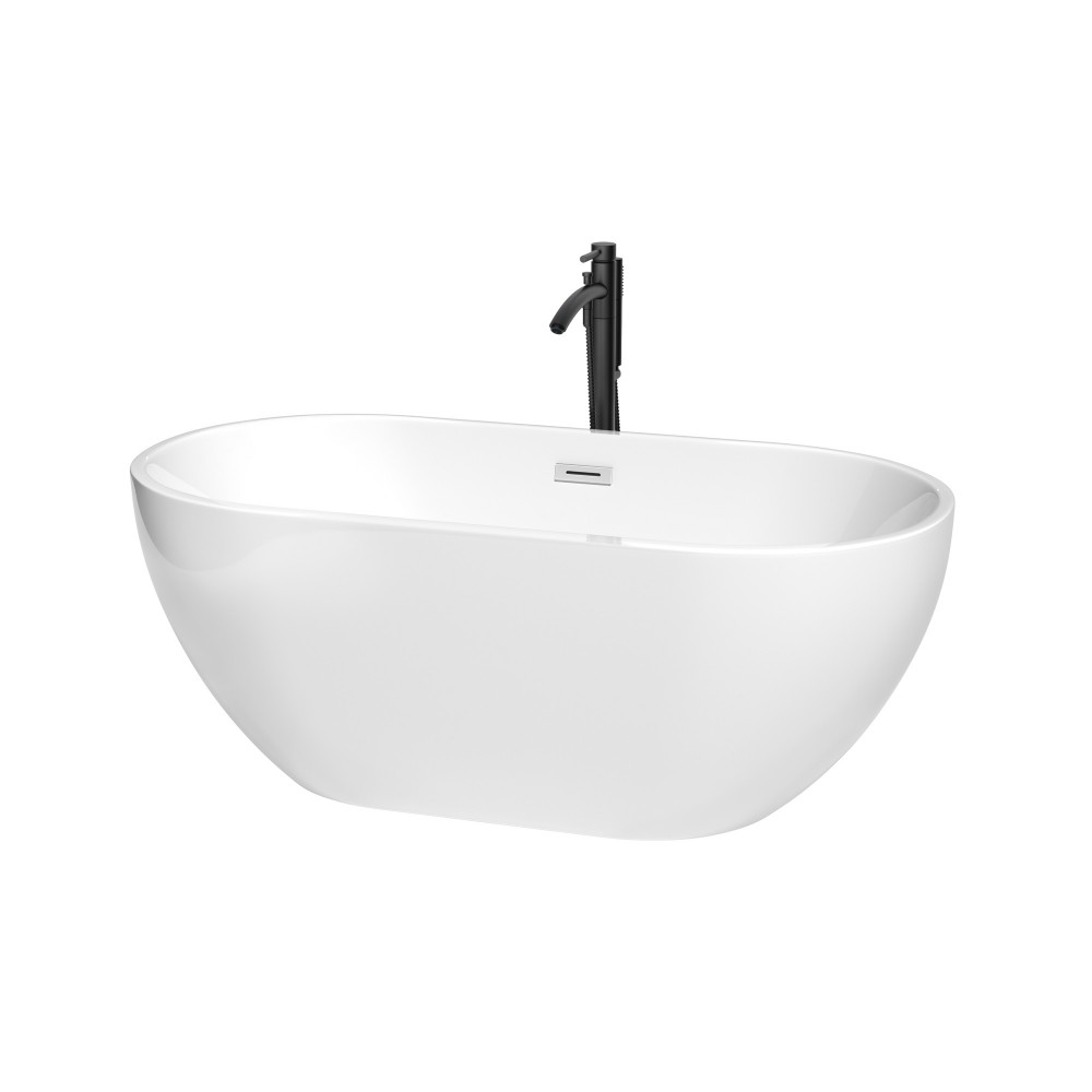 60 Inch Freestanding Bathtub in White, Chrome Trim, Floor Mounted Faucet in Black