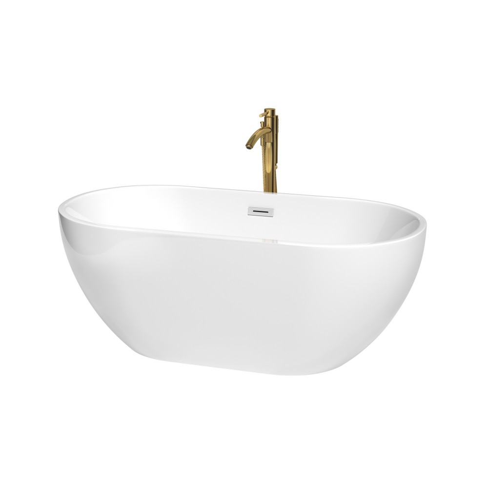 60 Inch Freestanding Bathtub in White, Chrome Trim, Floor Mounted Faucet in Gold