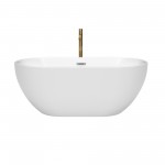 60 Inch Freestanding Bathtub in White, Chrome Trim, Floor Mounted Faucet in Gold