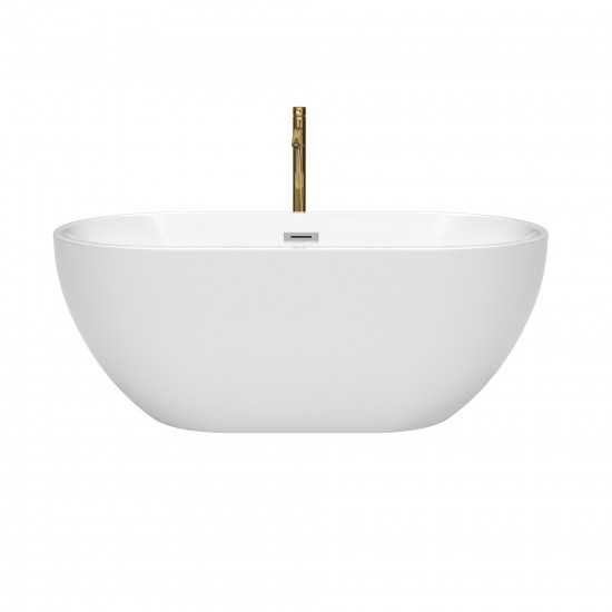 60 Inch Freestanding Bathtub in White, Chrome Trim, Floor Mounted Faucet in Gold