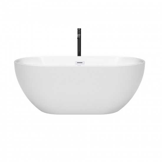 60 Inch Freestanding Bathtub in White, White Trim, Floor Mounted Faucet in Black