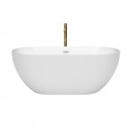 60 Inch Freestanding Bathtub in White, White Trim, Floor Mounted Faucet in Gold