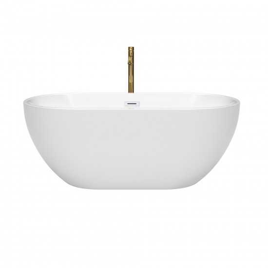 60 Inch Freestanding Bathtub in White, White Trim, Floor Mounted Faucet in Gold