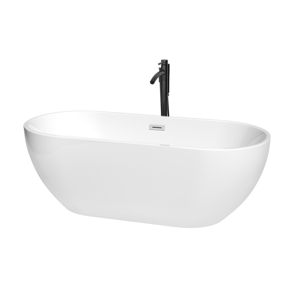 67 Inch Freestanding Bathtub in White, Chrome Trim, Floor Mounted Faucet in Black