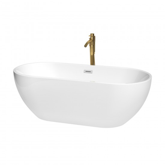 67 Inch Freestanding Bathtub in White, Chrome Trim, Floor Mounted Faucet in Gold