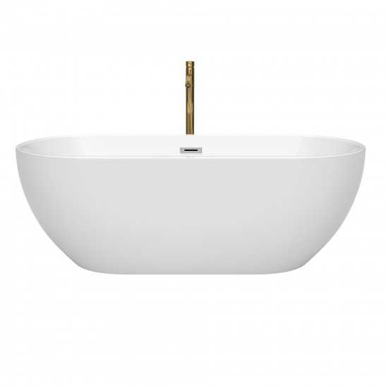 67 Inch Freestanding Bathtub in White, Chrome Trim, Floor Mounted Faucet in Gold