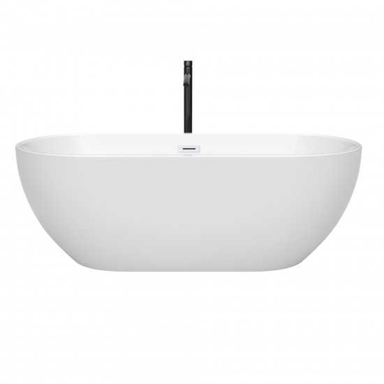 67 Inch Freestanding Bathtub in White, White Trim, Floor Mounted Faucet in Black