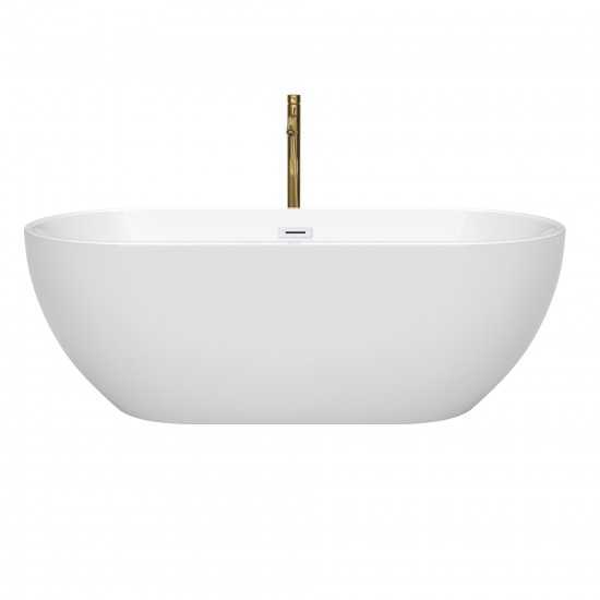 67 Inch Freestanding Bathtub in White, White Trim, Floor Mounted Faucet in Gold