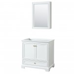 36 Inch Single Bathroom Vanity in White, No Countertop, No Sink, Gold Trim, Medicine Cabinet