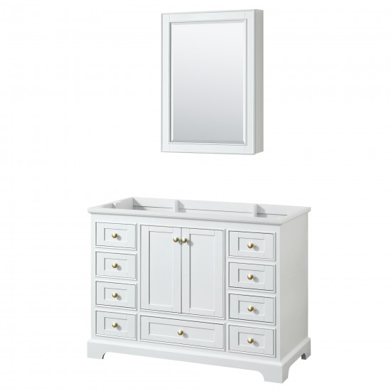 48 Inch Single Bathroom Vanity in White, No Countertop, No Sink, Gold Trim, Medicine Cabinet