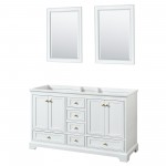 60 Inch Double Bathroom Vanity in White, No Countertop, No Sinks, Gold Trim, 24 Inch Mirrors