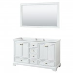 60 Inch Double Bathroom Vanity in White, No Countertop, No Sinks, Gold Trim, 58 Inch Mirror