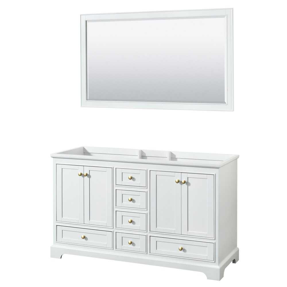 60 Inch Double Bathroom Vanity in White, No Countertop, No Sinks, Gold Trim, 58 Inch Mirror