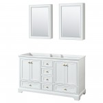 60 Inch Double Bathroom Vanity in White, No Countertop, No Sinks, Gold Trim, Medicine Cabinets