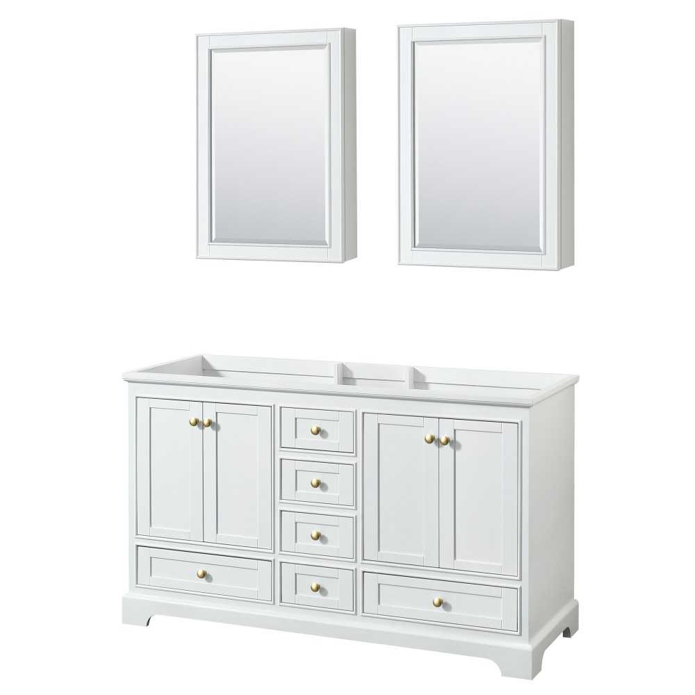 60 Inch Double Bathroom Vanity in White, No Countertop, No Sinks, Gold Trim, Medicine Cabinets