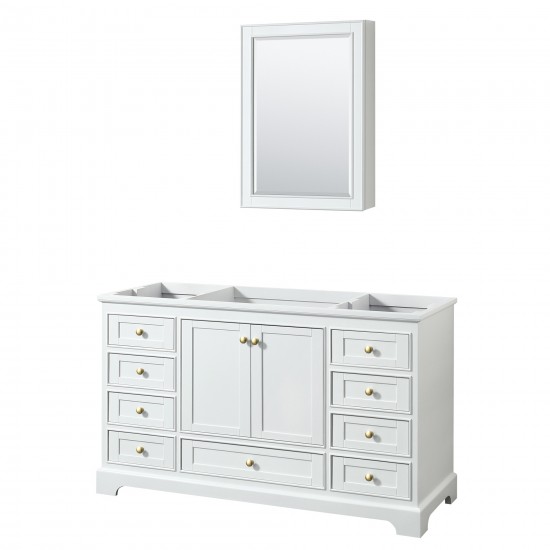 60 Inch Single Bathroom Vanity in White, No Countertop, No Sink, Gold Trim, Medicine Cabinet