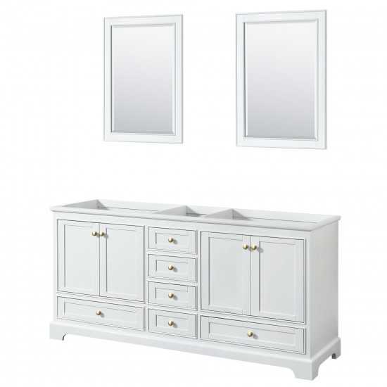 72 Inch Double Bathroom Vanity in White, No Countertop, No Sinks, Gold Trim, 24 Inch Mirrors