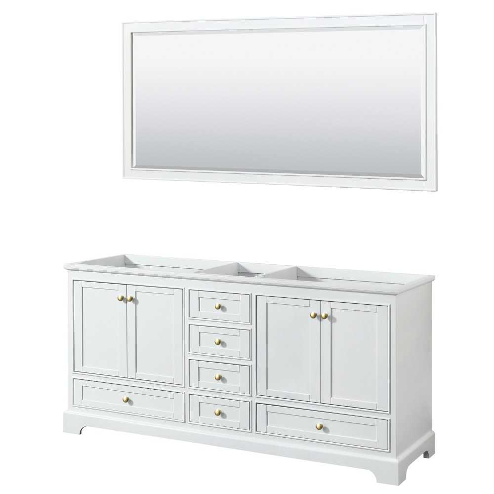 72 Inch Double Bathroom Vanity in White, No Countertop, No Sinks, Gold Trim, 70 Inch Mirror