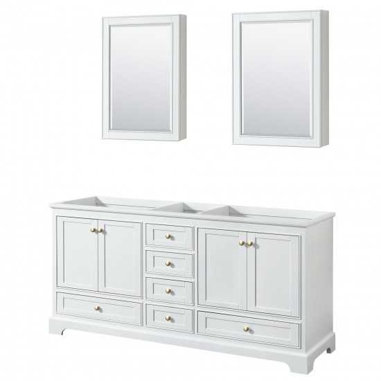 72 Inch Double Bathroom Vanity in White, No Countertop, No Sinks, Gold Trim, Medicine Cabinets