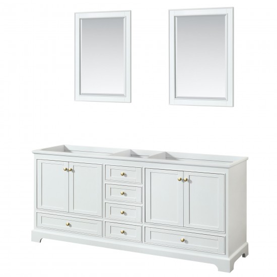 80 Inch Double Bathroom Vanity in White, No Countertop, No Sinks, Gold Trim, 24 Inch Mirrors