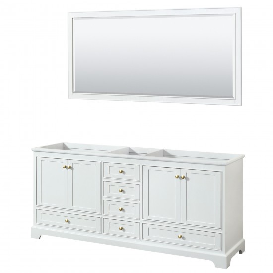 80 Inch Double Bathroom Vanity in White, No Countertop, No Sinks, Gold Trim, 70 Inch Mirror