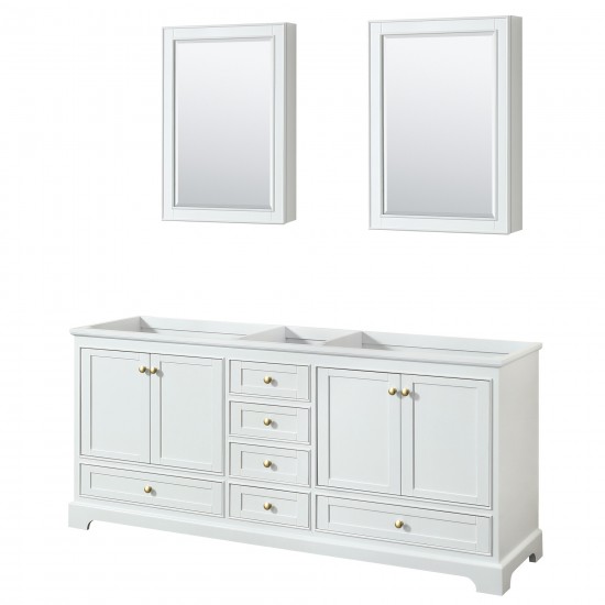80 Inch Double Bathroom Vanity in White, No Countertop, No Sinks, Gold Trim, Medicine Cabinets