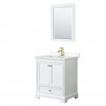 30 Inch Single Bathroom Vanity in White, Carrara Cultured Marble Countertop, Sink, Gold Trim, 24 Inch Mirror