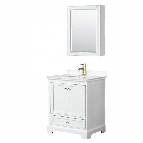 30 Inch Single Bathroom Vanity in White, Carrara Cultured Marble Countertop, Sink, Gold Trim, Medicine Cabinet