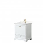 30 Inch Single Bathroom Vanity in White, Carrara Cultured Marble Countertop, Sink, Gold Trim, No Mirror
