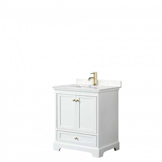30 Inch Single Bathroom Vanity in White, Carrara Cultured Marble Countertop, Sink, Gold Trim, No Mirror