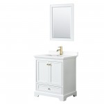 30 Inch Single Bathroom Vanity in White, White Cultured Marble Countertop, Sink, Gold Trim, 24 Inch Mirror