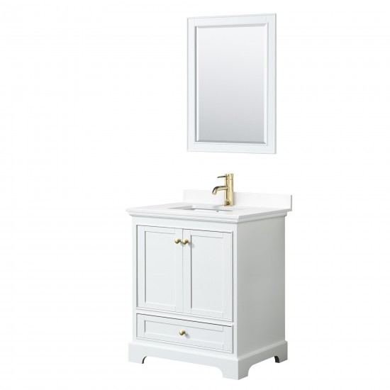 30 Inch Single Bathroom Vanity in White, White Cultured Marble Countertop, Sink, Gold Trim, 24 Inch Mirror